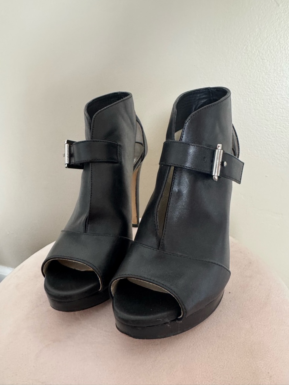 Michael Kors Black Leather Peep-Toe Buckle High Heels - Picture 5 of 6